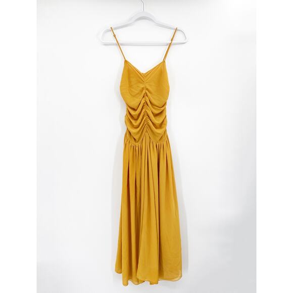 CREATURES OF COMFORT Dress Ruched Strappy Yellow Marigold Chiffon - Picture 2 of 7